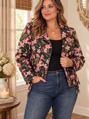 Floral Faux Leather Moto Jacket Pink Rose Edgy Fall